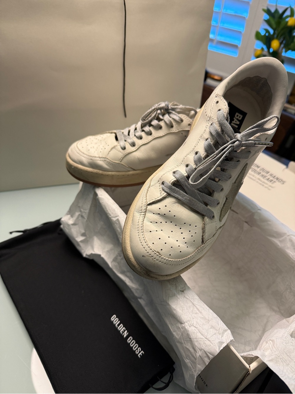 Golden Goose White Leather Low-Top Sneakers with Gray Star and Laces